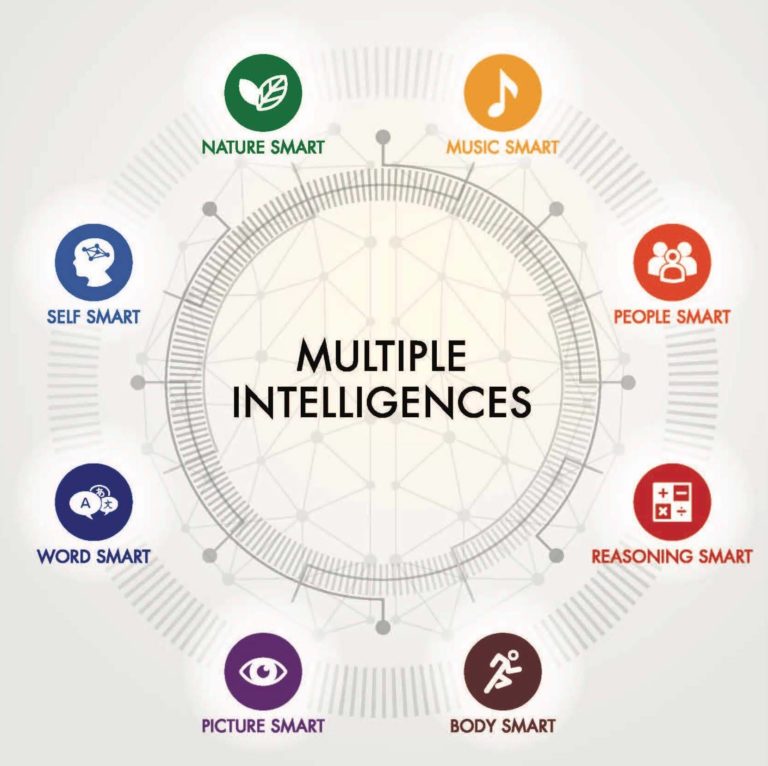 Multiple intelligences chart with various icons and traits