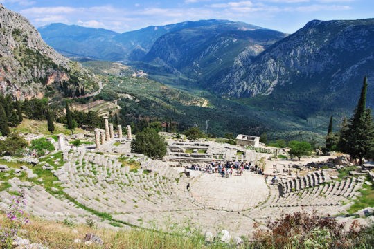 An aerial view of ruins of a Greek temple