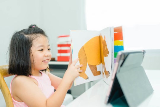 Young, smiling girl holding a book up on a video call.