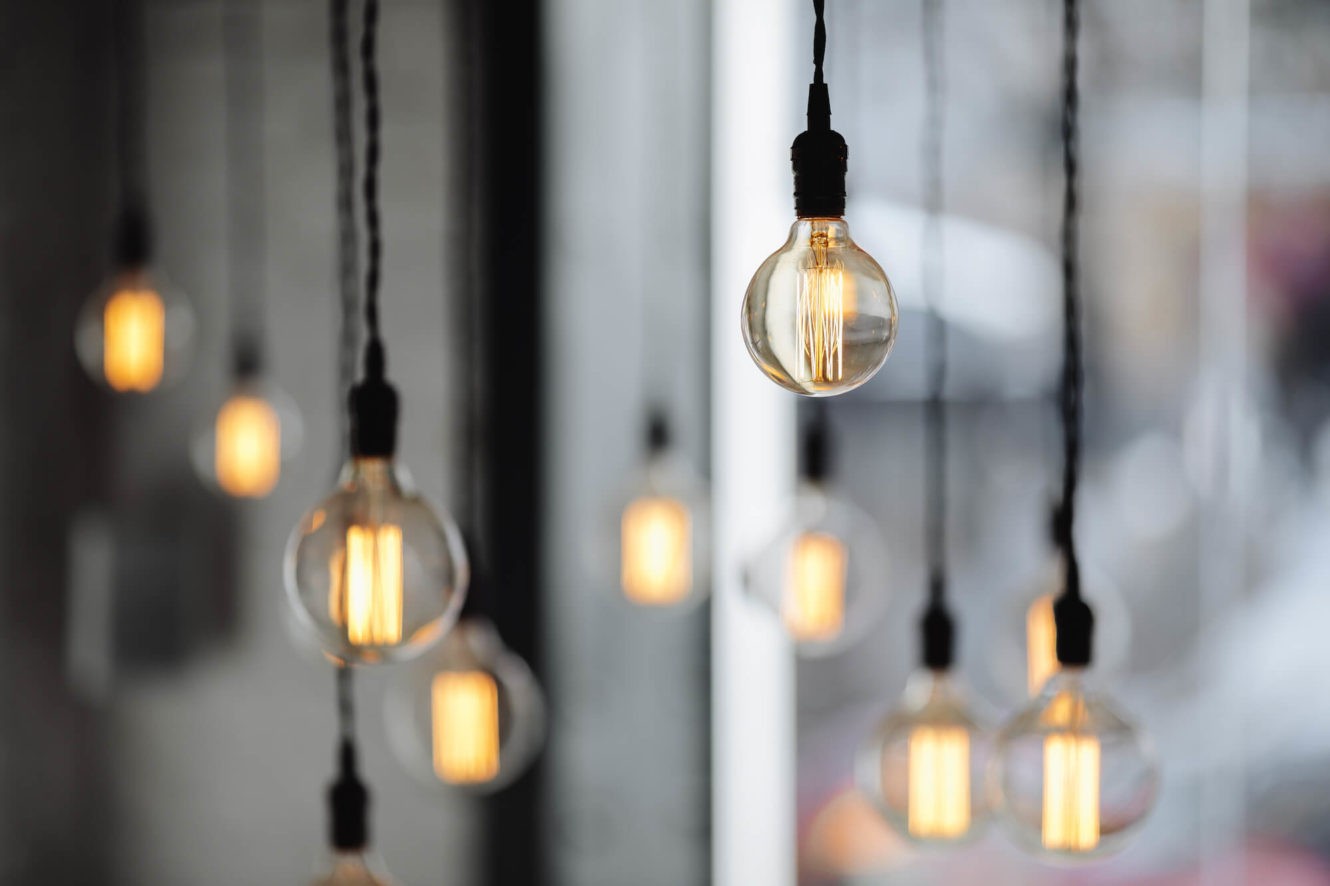 Strings of hanging bulb lights