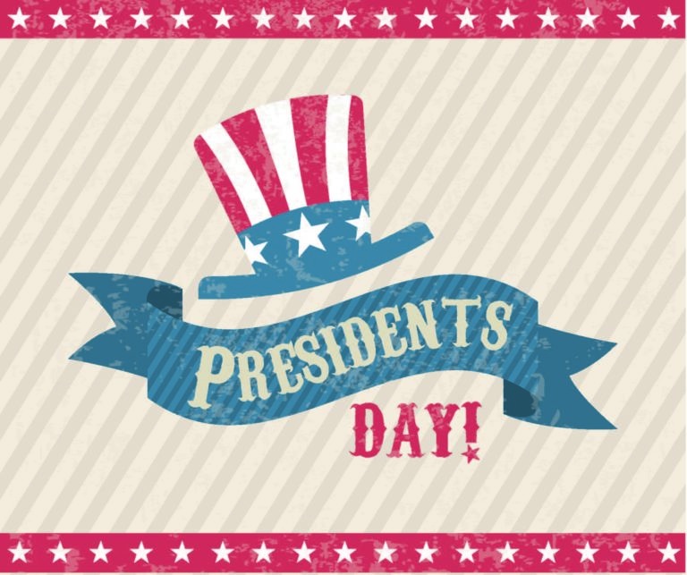 ‘Presidents Day’ graphic with a stars-and-stripes-themed top hat.