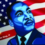 Stylized image of Dr. Martin Luther King, Jr. in front of an American flag.