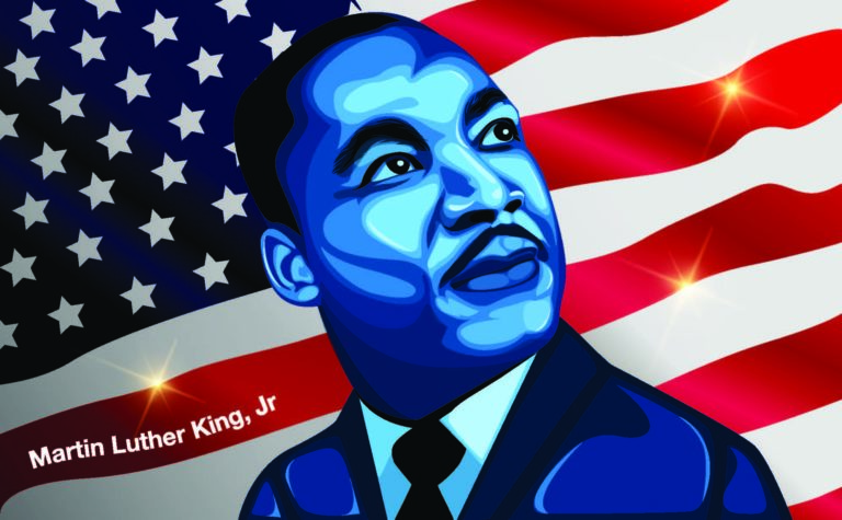 Stylized image of Dr. Martin Luther King, Jr. in front of an American flag.