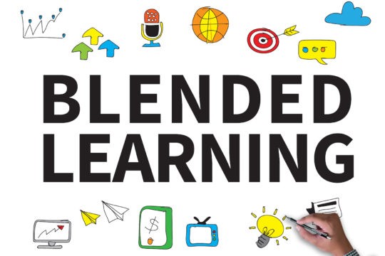 ‘Blended Learning’ on a white background surrounded by colorful icons.