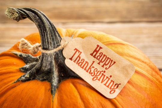 A pumpkin with a tag reading ‘Happy Thanksgiving’ on it.