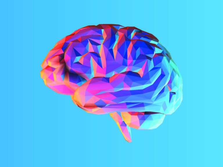 Colorful, graphic brain on a blue background.