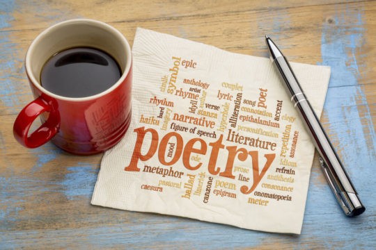 The word ‘Poetry’ written on a napkin surrounded by describing words and a cup of coffee