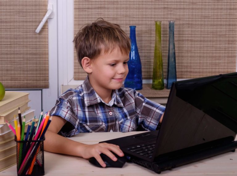 Young boy sitting at a desk using a laptop.