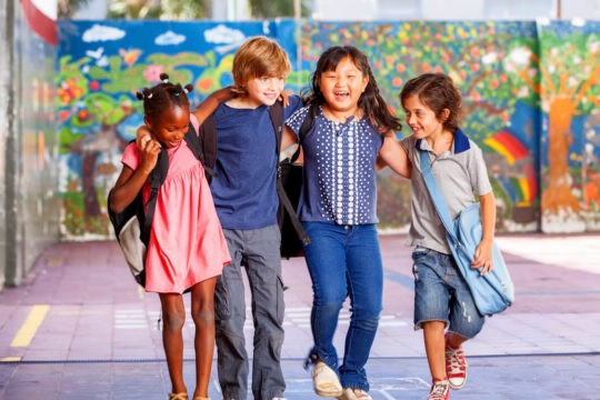 A group of young happy multi-racial students with their arms around each other