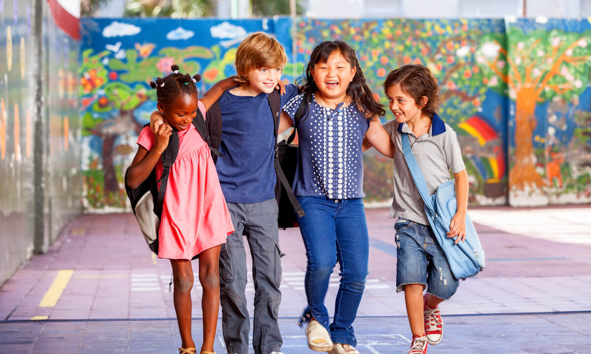 A group of young happy multi-racial students with their arms around each other